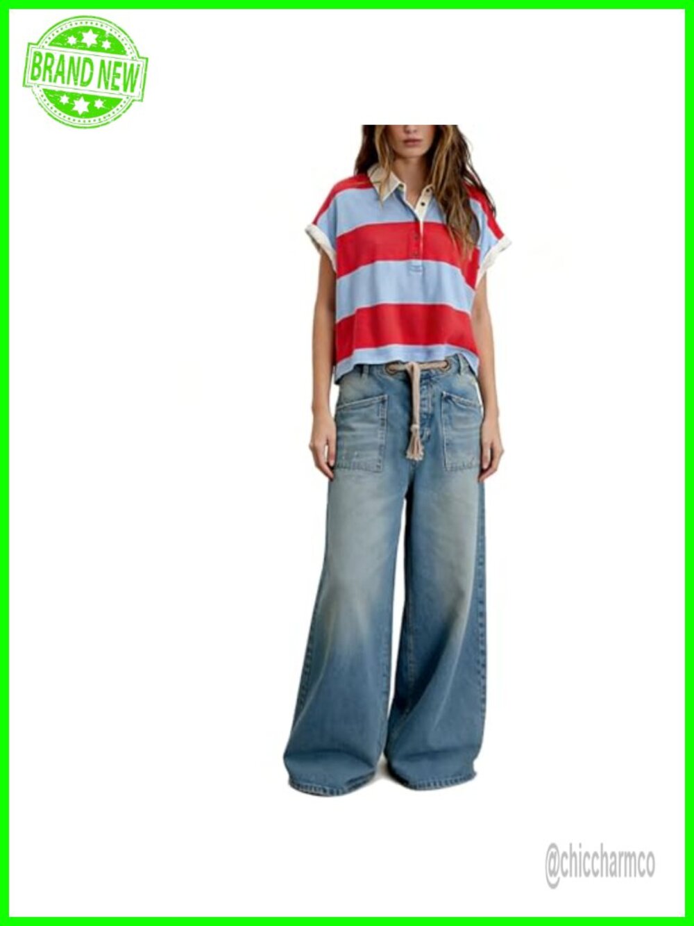 Striped Oversized Y2K Polo Top Short Sleeve Cropped Baggy T-shirt - Picture 4 of 6